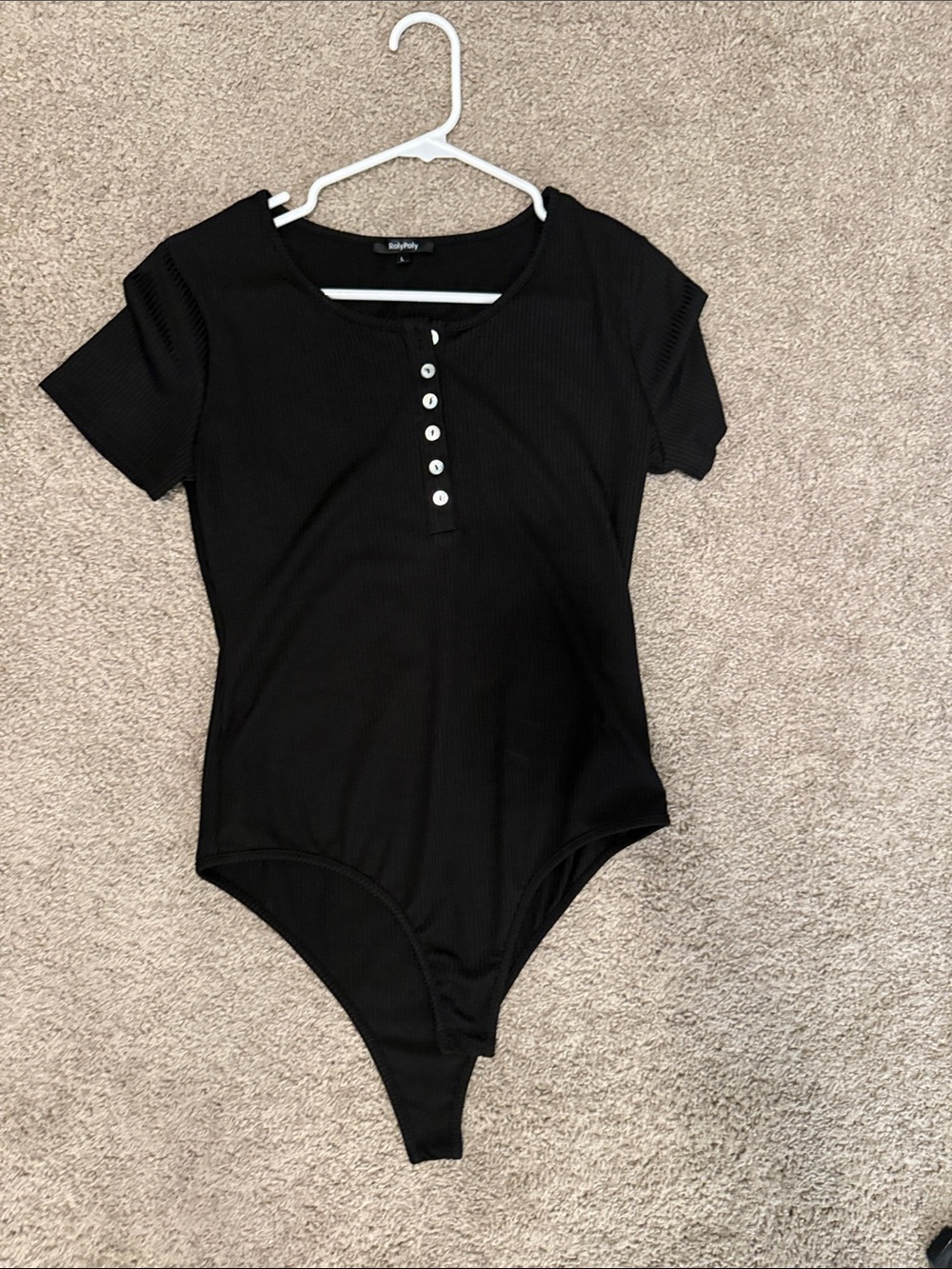 Ribbed Henley Short-Sleeve Bodysuit in Black